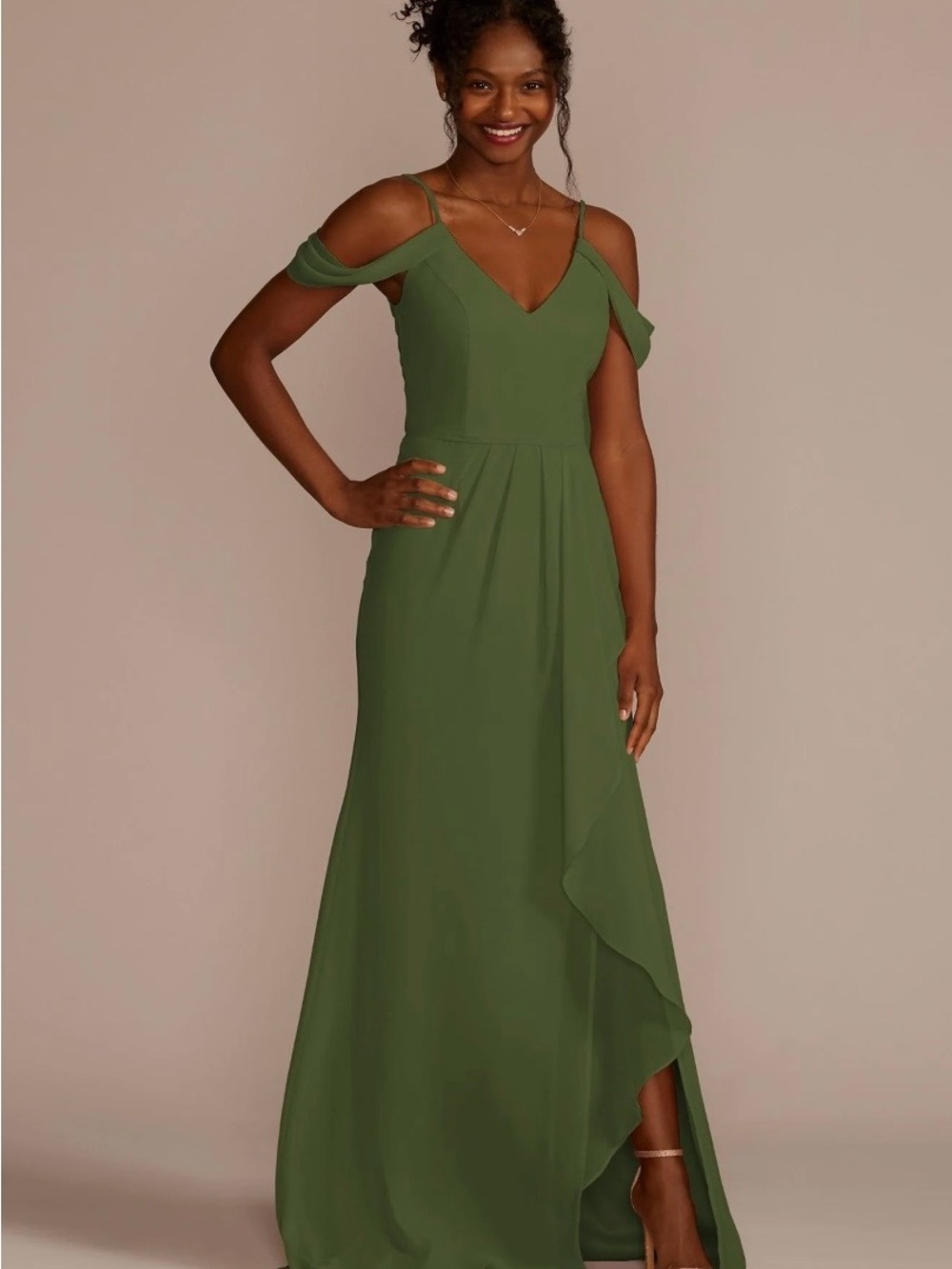 David's Bridal Olive Cold-Shoulder V-Neck Maxi Dress